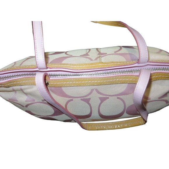 Coach Signature C Cream & Pink Stripe Canvas & Leather Tote Bag - Picture 8 of 13